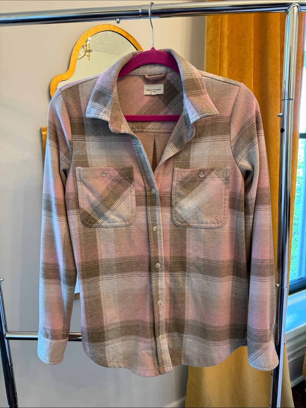 Super Soft Plaid Button-Up flannel in Pink and Taupe size Small